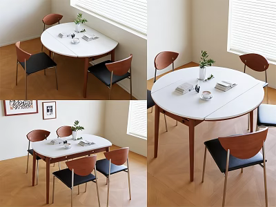 White Round Tabletop Dining Table Set with Wooden Legs Four Brown Backrest Black Seat Chairs 3d model