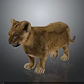 Cute Lion Cub With Golden Fur Standing On Gray Background With Reflection