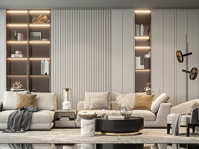 Modern Elegant Sofa and Coffee Table Set Living Room with Pillows Bookshelves Ambient Lighting 3d model