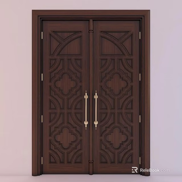 Dark Brown Double Doors With Intricate Carved Patterns And Golden Handles 3d model