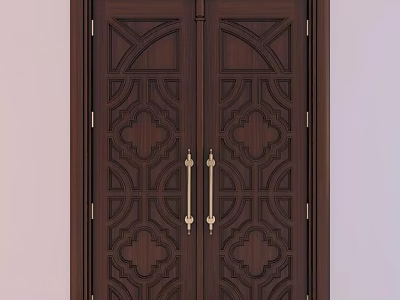 Dark Brown Double Doors With Intricate Carved Patterns And Golden Handles 3d model