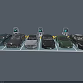 Row of Various Colored Electric Cars Parked at Charging Stations