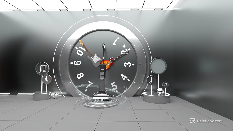 Modern Metallic Room With Large Clock Guitar Music Notes And Mirror 3d model 