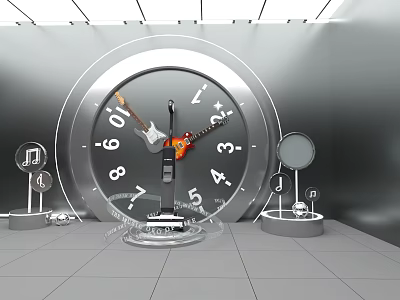 Modern Metallic Room With Large Clock Guitar Music Notes And Mirror 3d model