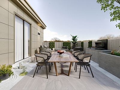 Modern Courtyard Roof Garden Courtyard Barbecue Terrace Creative Dry Landscape Stone Roof Balcony Courtyard Garden Balcony Casual Dining Table and Chair Combination model