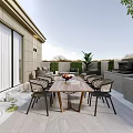 Modern Outdoor Terrace With Karesansui Landscape Wooden Dining Table Woven Chairs And Green Plants