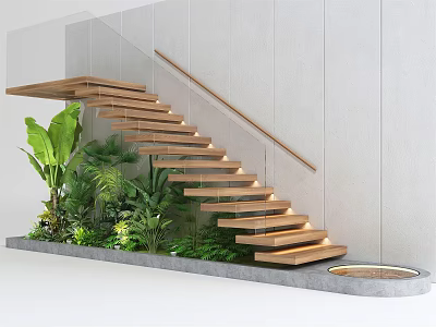 Modern Wooden Staircase With Glass Railing Illuminated Steps And Green Plants 3d model