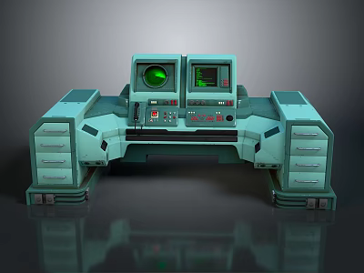 Electronic Control Console With Dual Green Display Monitors And Storage Drawers Design 3d model