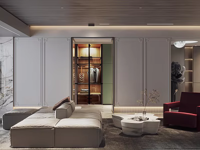 Modern Open Living Dining Room With Sofa Coffee Table Wine Cabinet Marble Wall And Chandelier 3d model