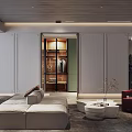 Modern Open Living Dining Room With Sofa Coffee Table Wine Cabinet Marble Wall And Chandelier