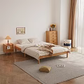 Natural Wooden Double Bed with Light Bedding Nightstands Table Lamp and Vase Flowers