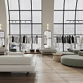 Bright Modern High End Clothing Store With Arched Windows Wood Flooring And Cozy Lounge Area
