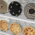 Woven Decorative Ornament Set On Three Tiered Wall Shelves With Diverse Patterns