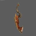 Ornate Handcrafted Weapon With Curved Blade Wooden Handle And Green Gemstone Accent