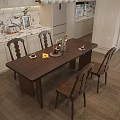 Modern Wooden Dining Table Set With Vase Fruits Cups And Kitchen Countertop