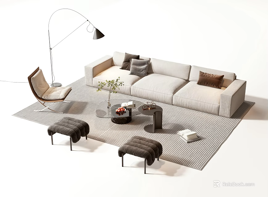 Modern Beige Sofa Coffee Table Combination With Cushions Floor Lamp Stools And Rug 3d model