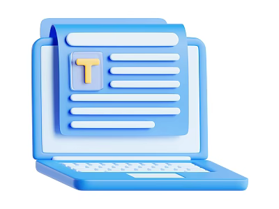Blue Laptop Displaying Document with Yellow T Letter on Screen for Text Editing 3d model