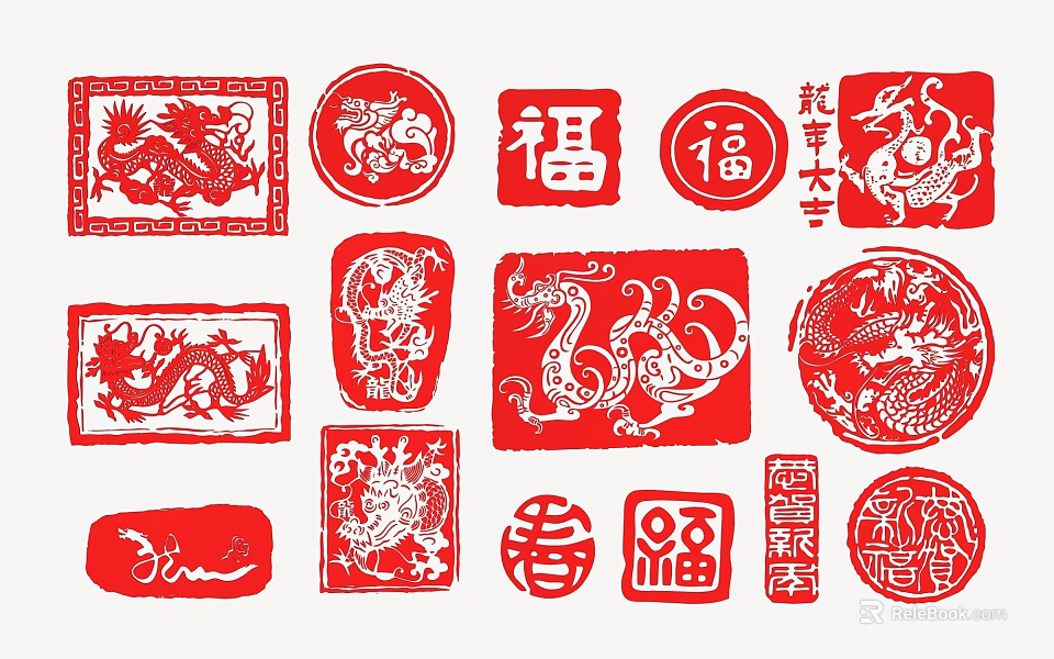 Chinese Traditional Red Paper Cut Wall Decor With Dragon And Fu Character Designs 3d model 