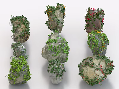 Stone And Wood Decorative Structures With Green Vines Red Flowers And Moss 3d model
