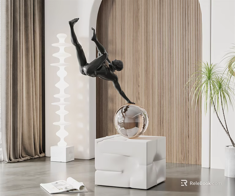 Modern Black Human Sculpture Leaping on Silver Sphere with White Cube Base 3d model 
