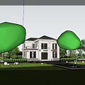 Two Story Detached Villa With White Exterior Brown Roof Balcony And Green Lawn
