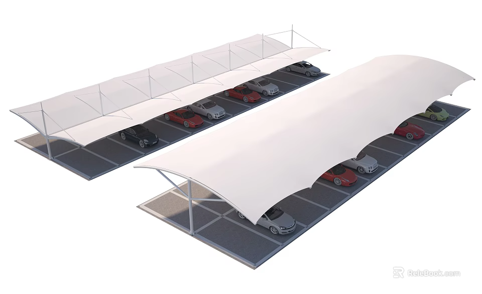 White Carport Canopy Covering Outdoor Parking Lot With Multiple Cars 3d model 
