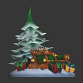 Green Layered Paper Craft Christmas Tree With Decorative Sleigh And Gift Boxes On Snow