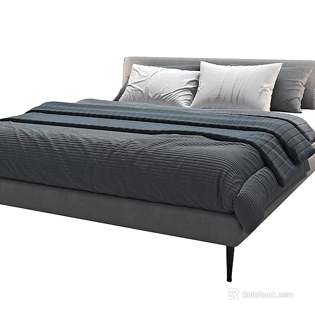 Modern Minimalist Gray Upholstered Double Bed With White Pillows And Black Legs 3d model 