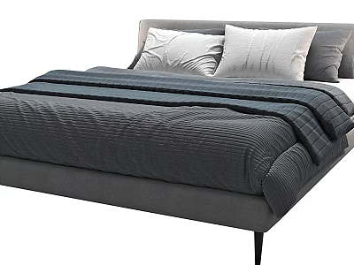 Modern Minimalist Gray Upholstered Double Bed With White Pillows And Black Legs 3d model