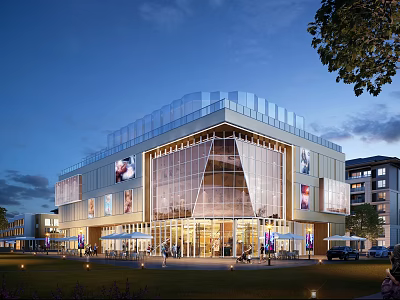 Modern Commercial Complex With Glass Facade Glass Roof Outdoor Lawn Trees And Evening Lighting 3d model