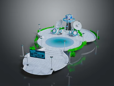 Terminal Area Design Featuring Satellite Dishes Tower Blue Pool Lamp Posts And Green Plants 3d model