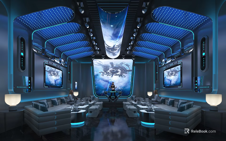 Stylish KTV Lounge With Blue Starry Ceiling Large Screen And Comfortable Sofas 3d model 