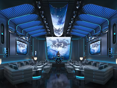Stylish KTV Lounge With Blue Starry Ceiling Large Screen And Comfortable Sofas 3d model
