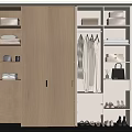 Modern Light Wood Wardrobe Interior With Hanging Clothes Drawers And Shoe Storage