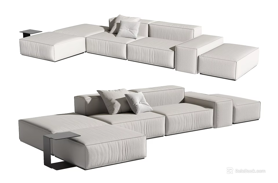 Modern White Sectional Sofa With Plush Cushions Modular Design And Ottoman 3d model 