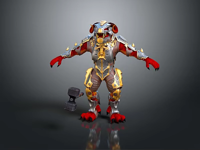 Fierce Beast Character Standing In Gold Silver Armor With Red Claws And Hammer 3d model