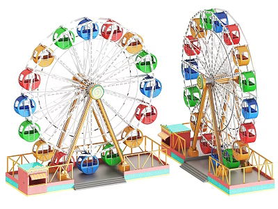 Two Colorful Ferris Wheels As Amusement Equipment With Bright Cabins And Platforms 3d model