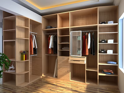 Modern Wooden Wardrobe Interior With Multiple Compartments Hanging Clothes Glass Door And Shelves 3d model