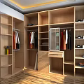 Modern Wooden Wardrobe Interior With Multiple Compartments Hanging Clothes Glass Door And Shelves