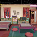 Pink And Green Bedroom Interior With Pink Bed Curtains Green Carpet Coffee Table And Cushions