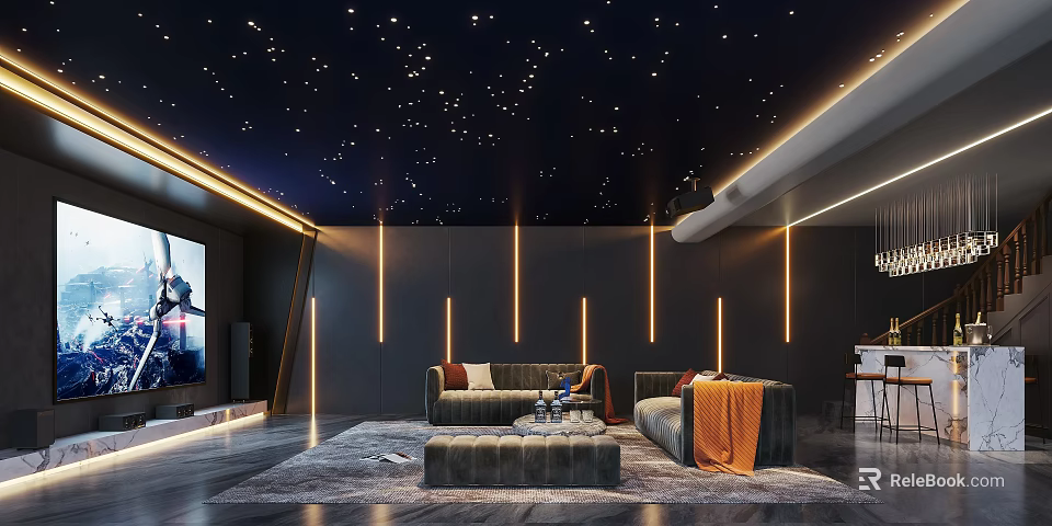 Luxury Home Theater Room With Starry Ceiling Comfortable Sofas And Ambient Lighting 3d model