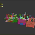 Orange Wooden Architectural Model Components With Small Houses Stairs And Platforms