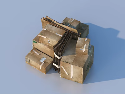 Household Items Stacked In Cardboard Boxes Bundled With Ropes For Storage 3d model