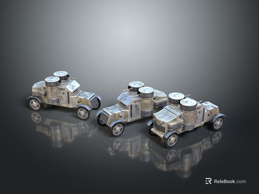 Three Metal Model Tanks With Wheels And Round Turrets On Dark Reflective Surface 3d model 