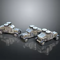 Three Metal Model Tanks With Wheels And Round Turrets On Dark Reflective Surface