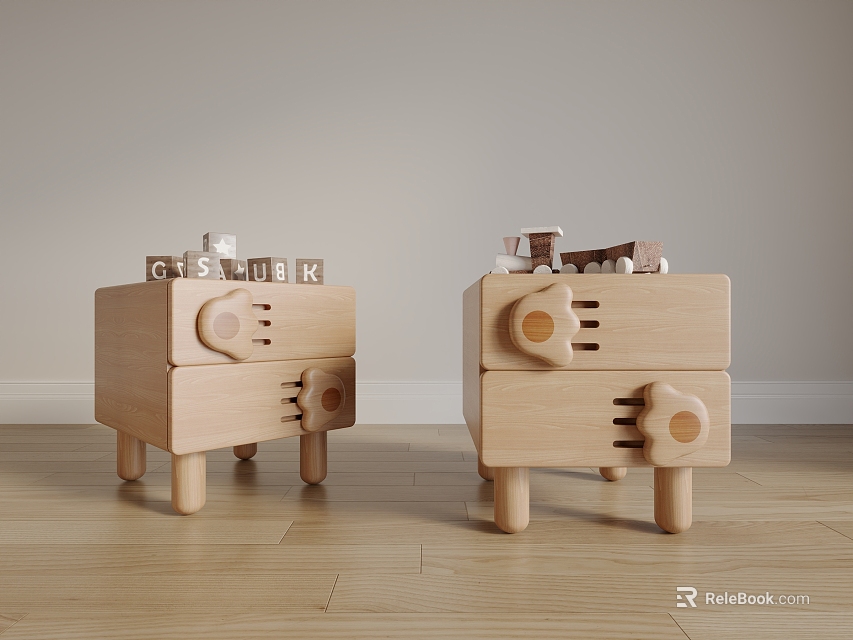 Minimalist Wooden Nightstands With Alphabet Blocks And Small Toys On Top 3d model 
