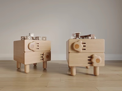 Minimalist Wooden Nightstands With Alphabet Blocks And Small Toys On Top 3d model