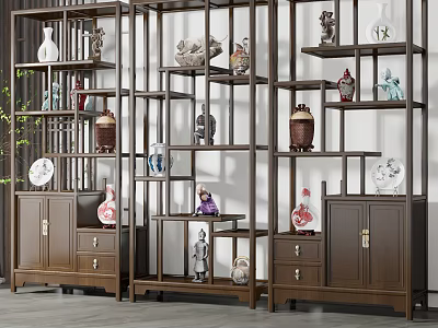 Traditional Chinese Display Shelves with Vases Sculptures and Antique Decorations in Living Room Interior 3d model