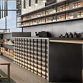 Modern Cafe Interior With Large Windows Green Plants Long Wooden Table And City View
