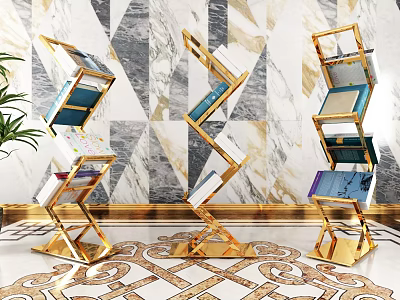 Unique Golden Design Bookcases Against Marble Wall With Patterned Floor Tiles And Nearby Potted Plant 3d model